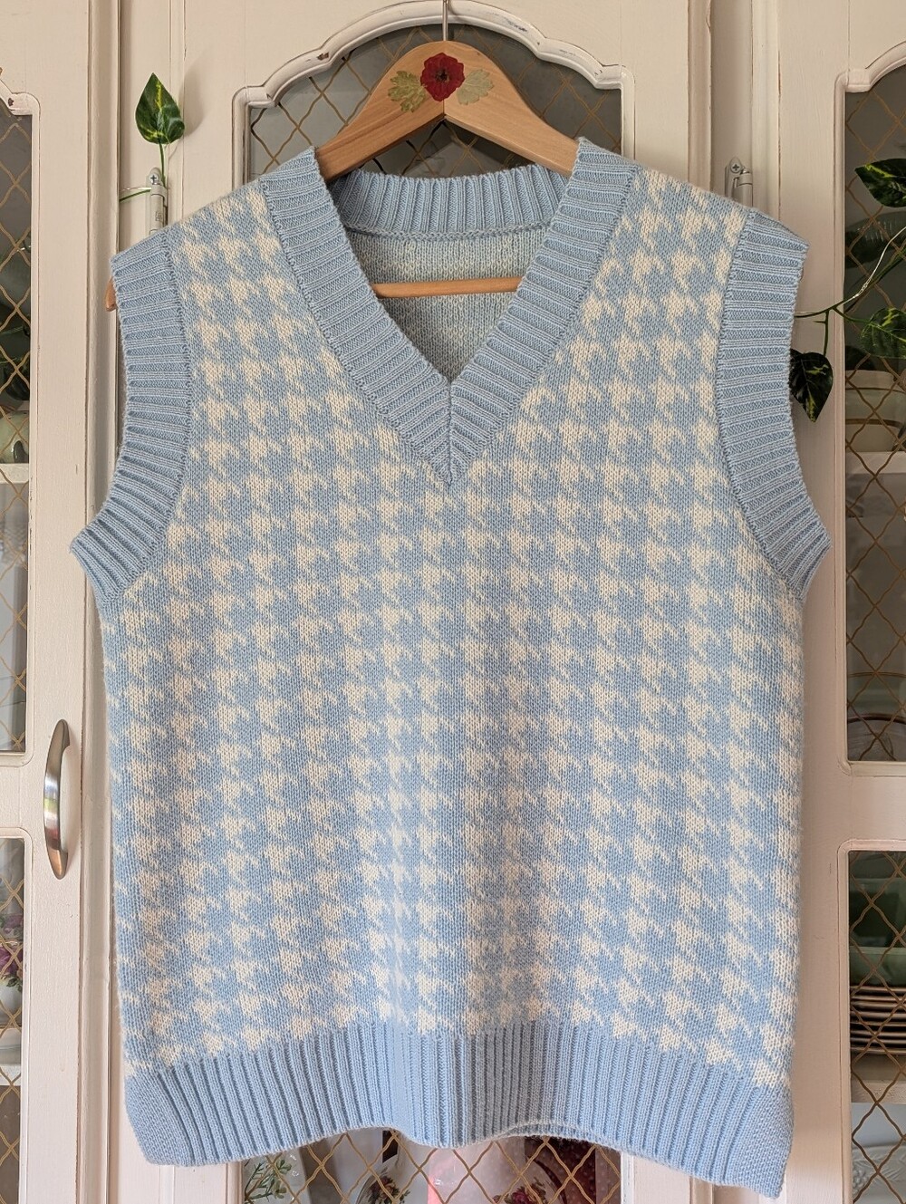 VTG 80s Cute Women's Soft Houndstooth V-Neck Sweater Vest Cottagecore Fall Cozy